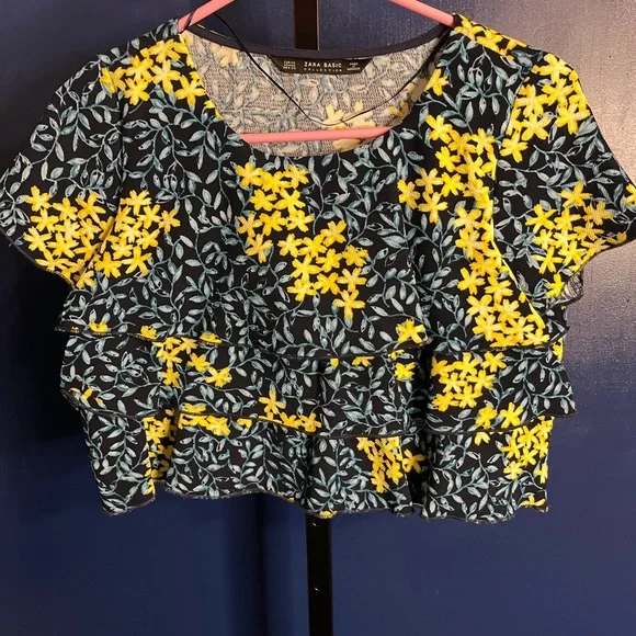 Zara Blue and Yellow Floral Short Sleeve Crop Top Size XS - Picture 1 of 3